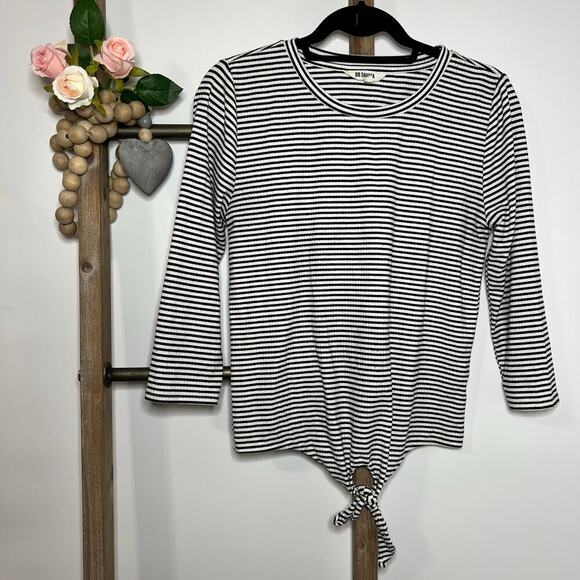 BB Dakota Tops - BB Dakota Black White Striped Boat Neckline Shirt Tie Front Size Small